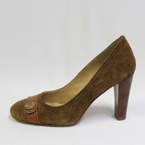 Brown Suede Round-Toe Pump w Gold Buttons and Wood